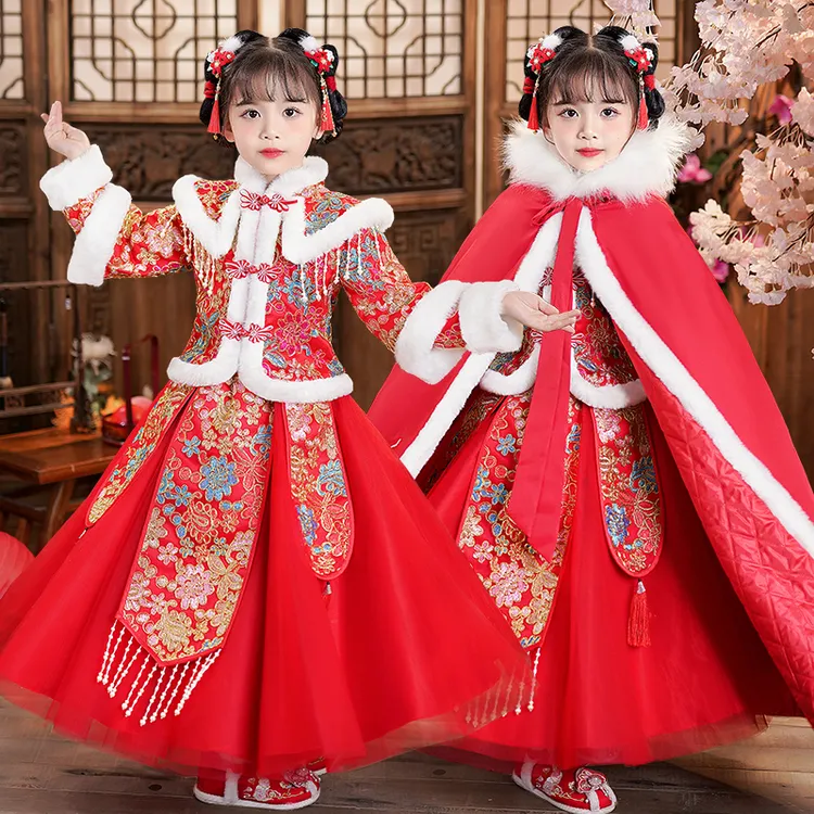 女童汉服秋冬装中国风加绒儿童唐装女宝宝旗袍套装加厚裙子99156