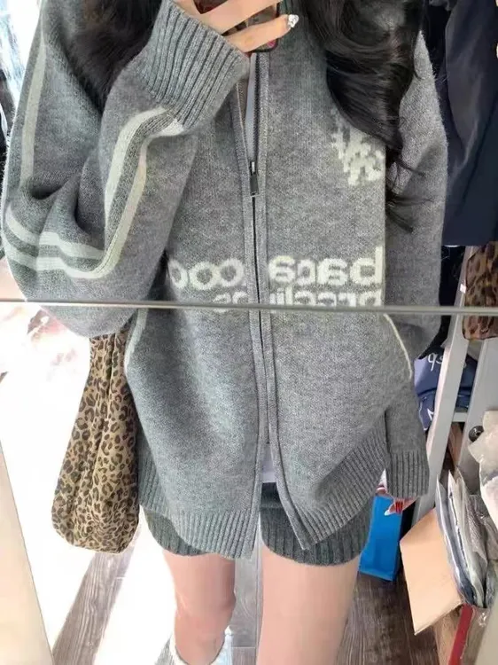 灰色球服风高领开衫毛衣女国潮牌宽松复古秋冬慵懒针织衫拉链外套