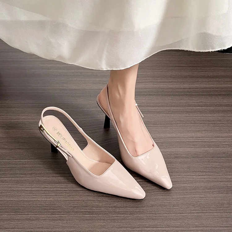 牛皮版~漆皮高跟鞋女新款性感金色跟一字带凉鞋尖头细跟女士单鞋