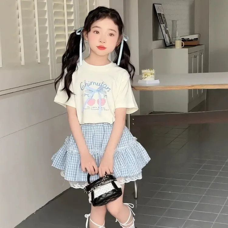 女童韩版夏季套装2025儿童新款可爱风薄款上衣蕾丝百褶裙两件套潮