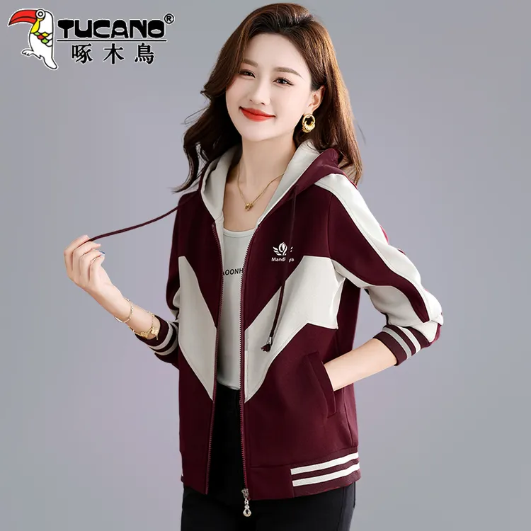 啄木鸟连帽卫衣外套女2025新款爆款春秋季拉链开衫小个子短款上衣