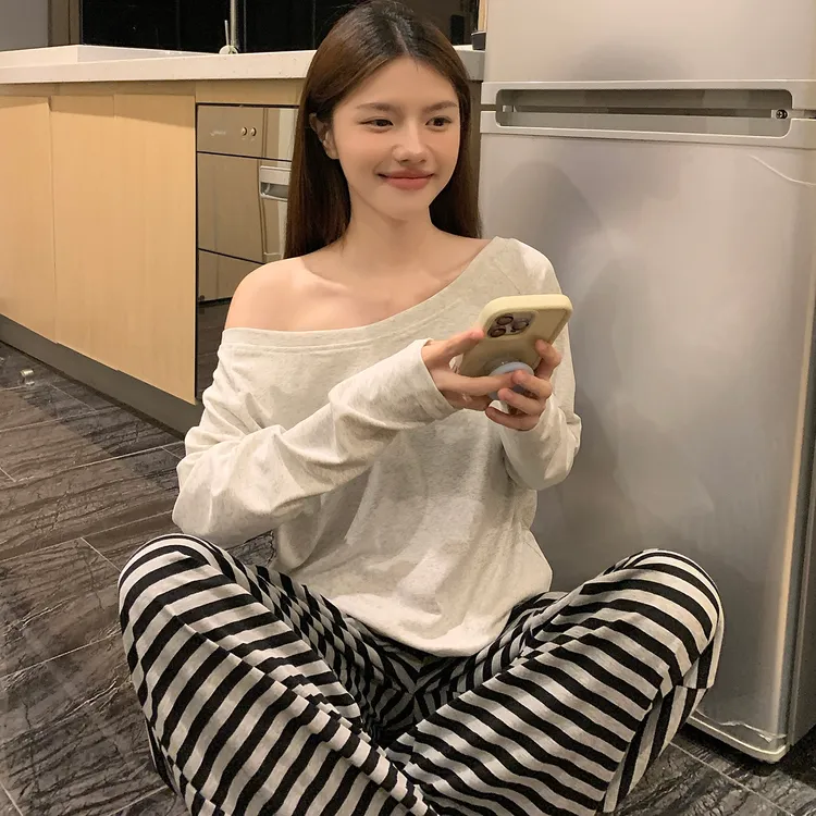 韩系慵懒风条纹睡衣女春秋季2025年新款莫代尔长袖休闲套装家居服
