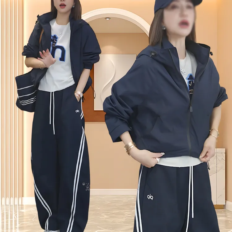 网红时尚炸街新款女装秋季抽绳显瘦休闲上衣时尚套装休闲两件套女