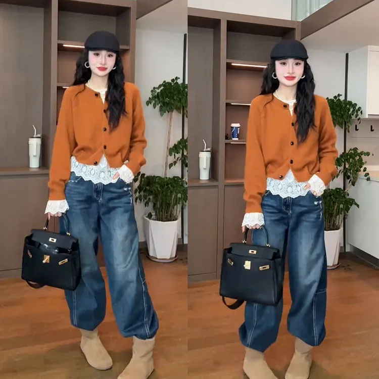秋冬时尚一整套女装2025新款蕾丝上衣纽扣针织开衫牛仔裤三件套潮
