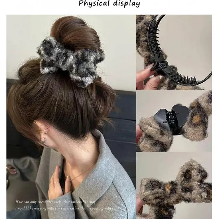 豹纹卷毛边丸子头！秋冬复古卷毛丸子头抓夹大号蝴蝶结高级感发夹商品图