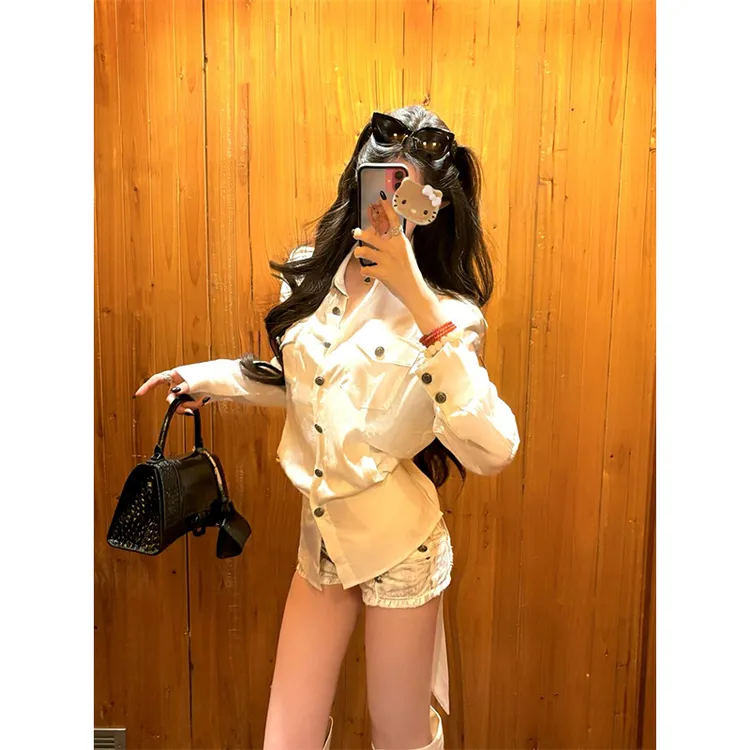 衬衫女翻领正肩口袋高级感排扣长袖上衣洋气衣服高腰短裤修身热裤