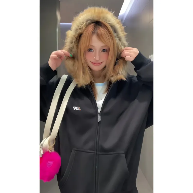 美式复古毛领开衫连帽卫衣外套男女春秋季休闲运动风情侣装 