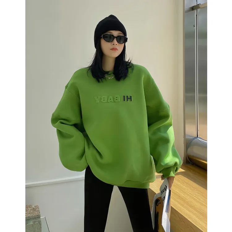 美式绿色慵懒风卫衣女款爆款2025新款正品宽松长袖休闲圆领中长款