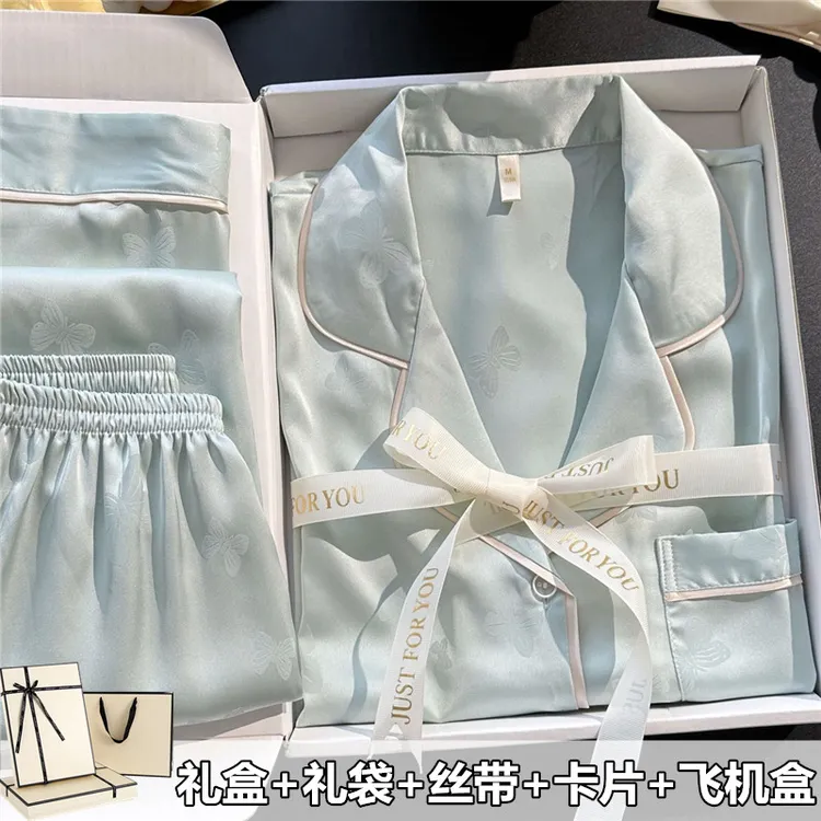 2025年睡衣女春夏季冰丝短袖三件套装家居服送闺蜜妈妈母亲节礼盒