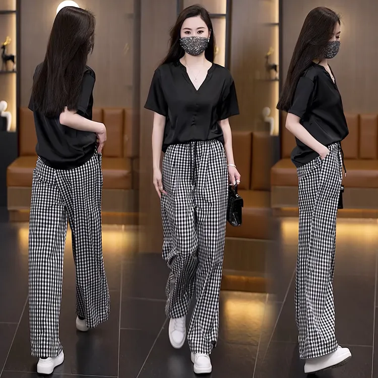 2025夏季新款时尚洋气减龄套装显瘦格裤子+短袖上衣两件套装