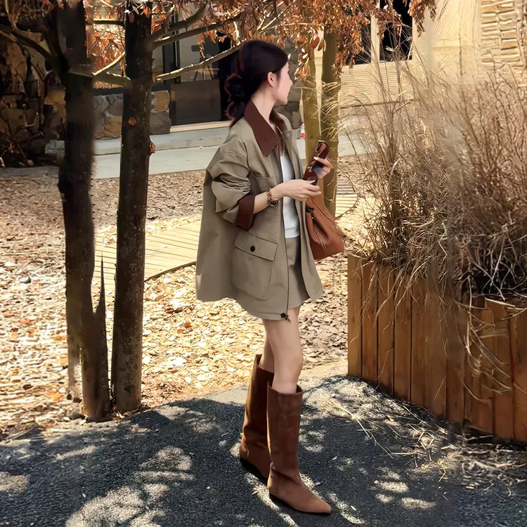 韩系休闲工装套装裙女2025新款撞色翻领风衣外套半身裙子两件套装