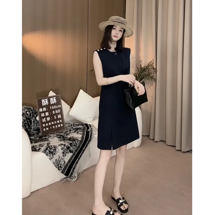 2025夏装时尚无袖收腰连衣裙女高级纯色开叉A字裙