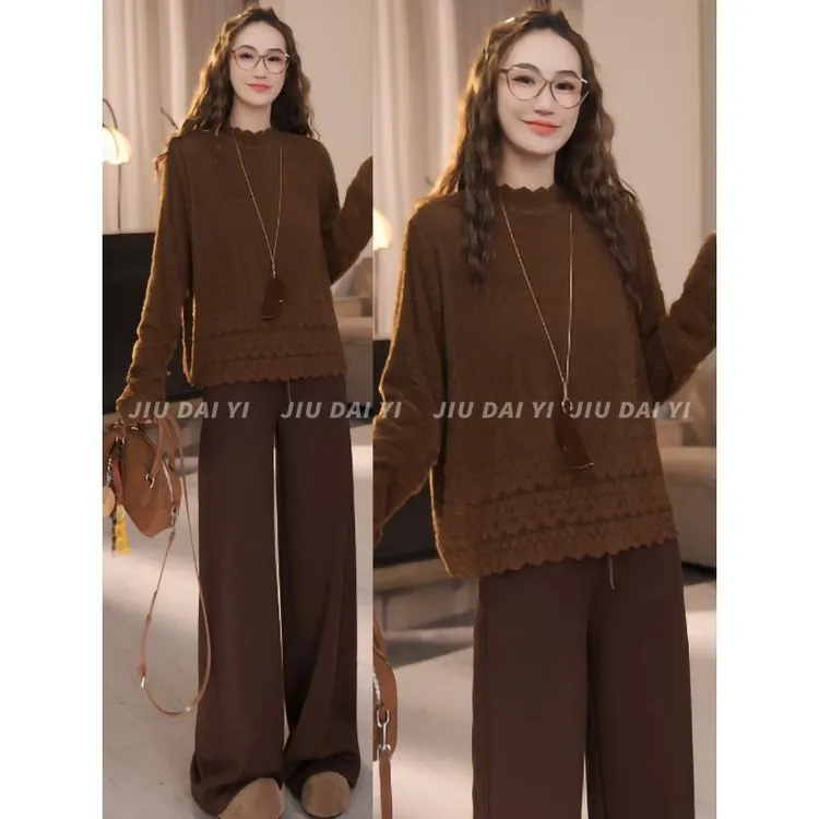 玖黛衣【绒感蕾丝】冬季立领蕾丝磨毛百搭显瘦长袖T恤TXP47230