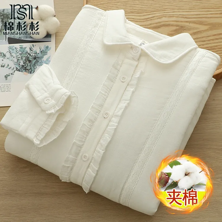 夹棉保暖 木耳花边门襟衬衫女 圆领淑女文艺清新白色冬季保暖衬衣