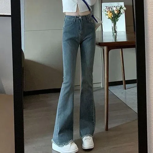 莲叶毛边微喇小个子喇叭牛仔裤女春秋款修身弹力高腰复古直筒马蹄