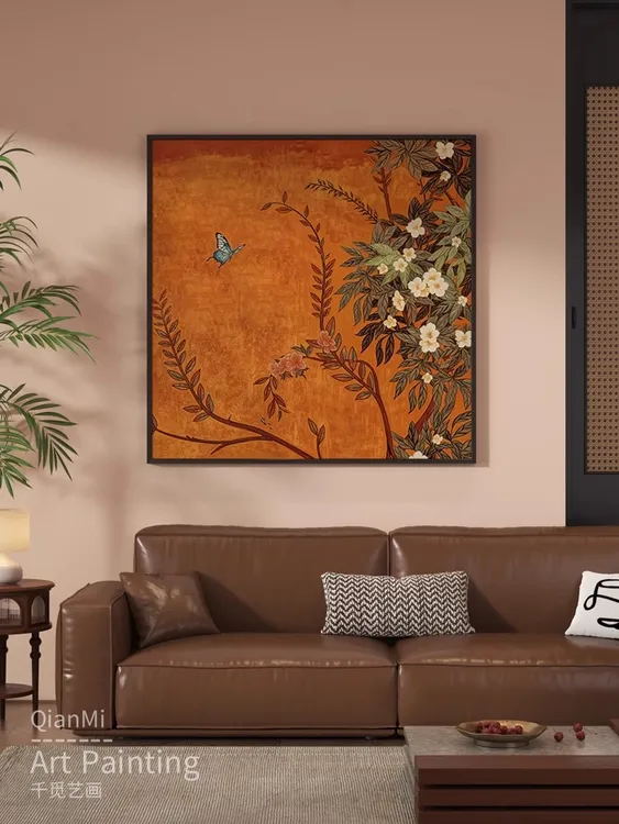 新中式玄关装饰画古典抽象花卉客厅背景墙挂画茶室餐厅卧室壁画