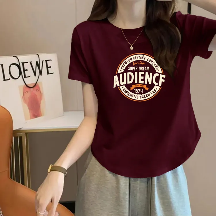 精棉短袖t恤女2025新款夏季印花圆领弧形修身显瘦休闲体恤上衣潮