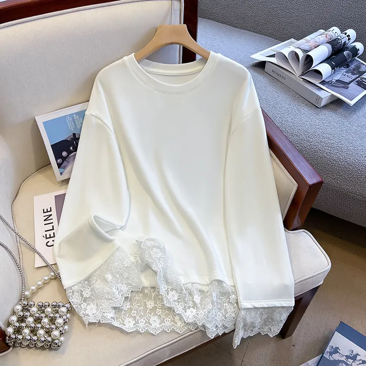 拼接刺绣t恤蕾丝长袖卫衣女士加绒加厚长款上衣休闲圆领打底衫女