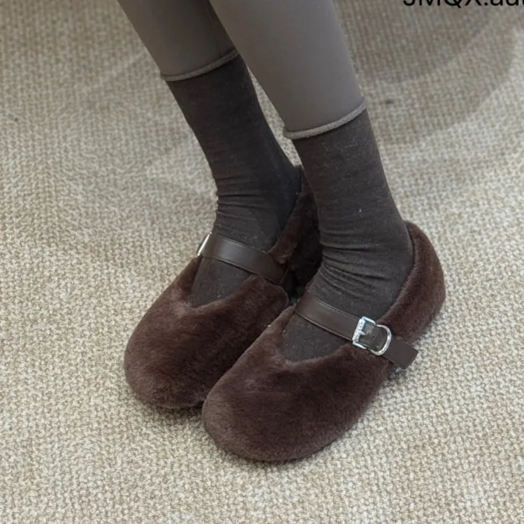 法式复古风皮带扣设计单鞋女2025冬季新款时尚洋气保暖毛毛鞋
