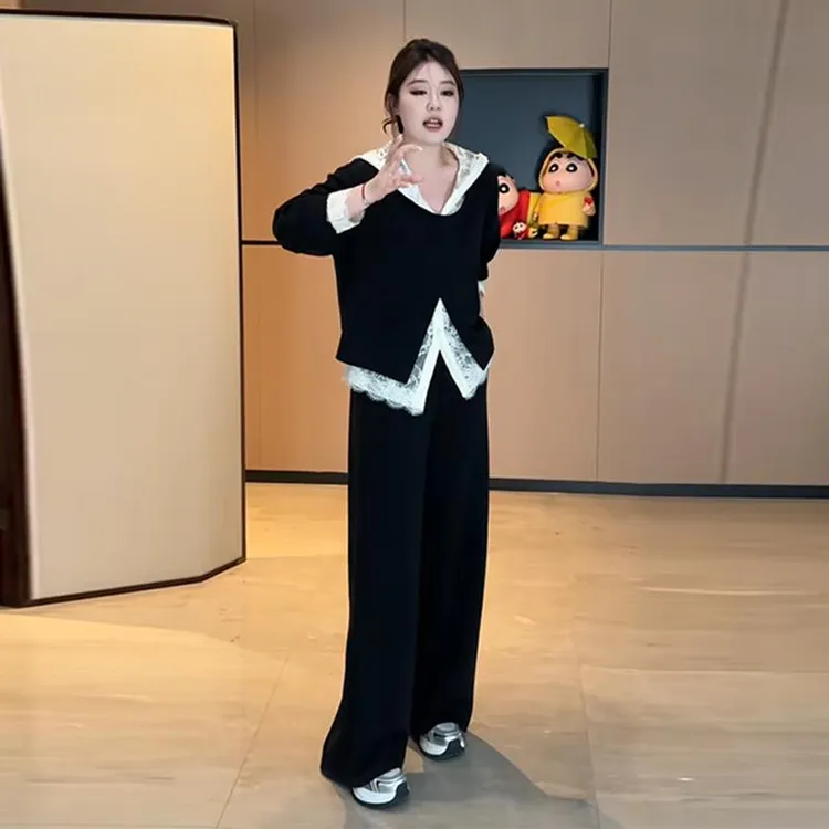 大码时髦蕾丝卫衣套装女秋季胖mm显瘦设计感小众不规则宽松上衣