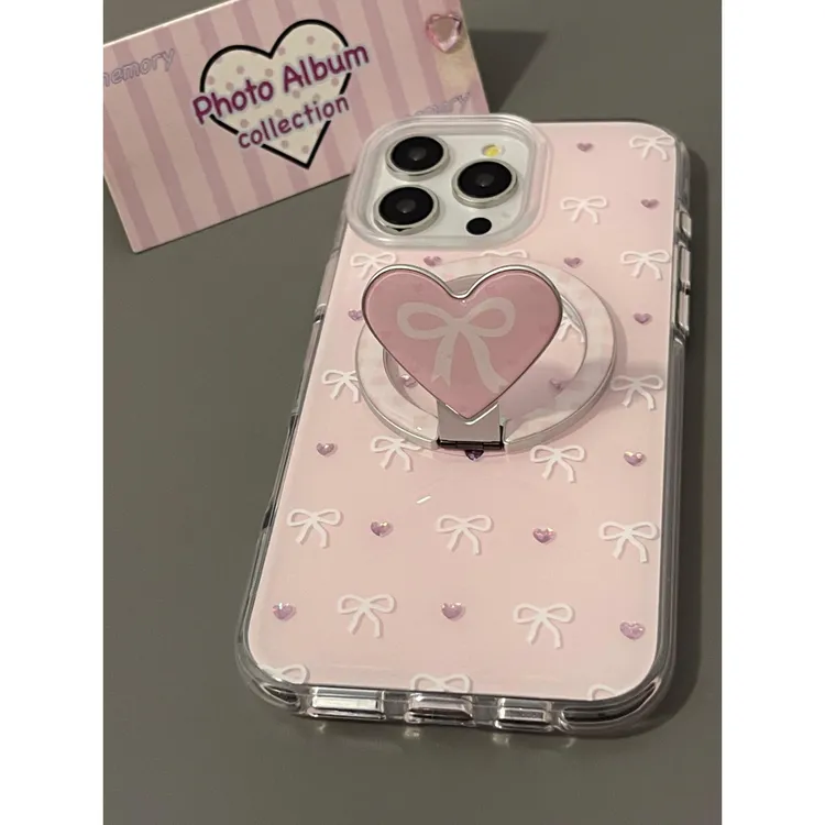 少女粉爱心蝴蝶结适用苹果16promax手机壳iphone15折叠磁吸支架14