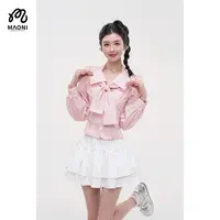 清-毛妮【甜美粉调】条纹蝴蝶结衬衫早秋甜美上衣女L2226