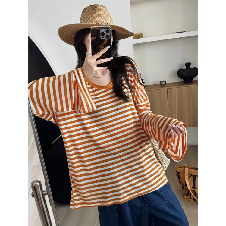 SP【墨米流光】透气休闲上衣 宽松轻薄条纹防晒长袖T恤女夏