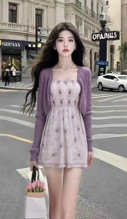 早秋新款氛围感穿搭淡紫色一字肩高腰连衣裙+紫色针织开衫两件套