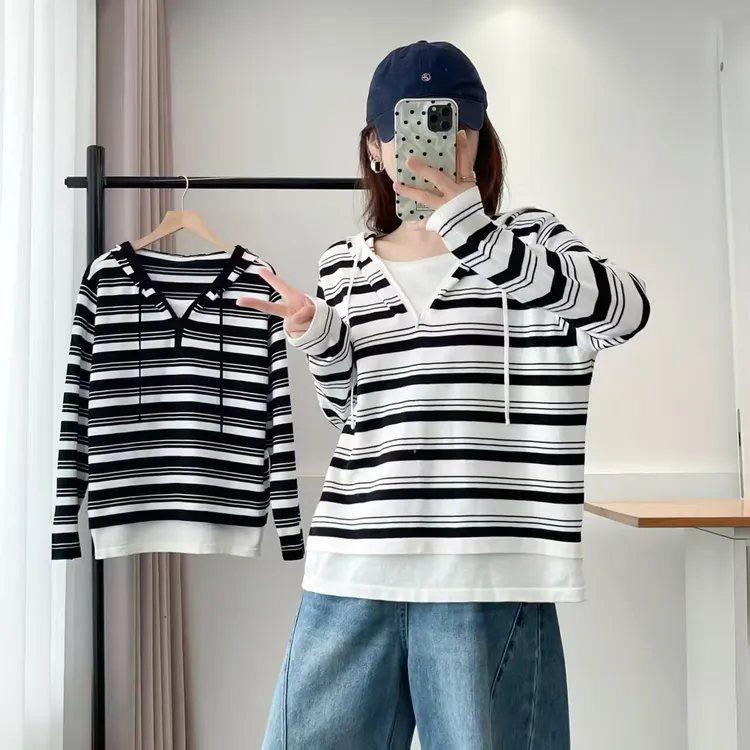 大码胖mm韩系慵懒风条纹连帽针织衫女秋季休闲撞色假两件上衣747