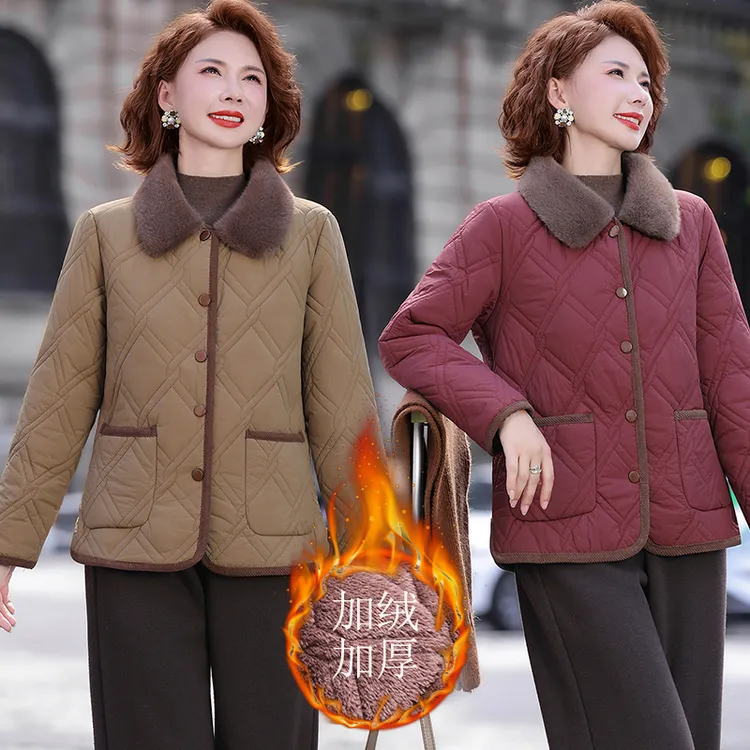 2025秋冬新款妈妈装翻领时尚加绒保暖外套中老年棉服短款棉袄上衣