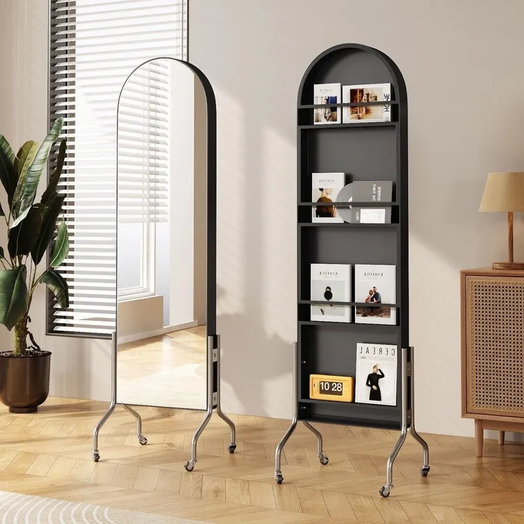 全身移动旋转家用穿衣镜收纳落地古风杂志架卧室高清镜子置物架