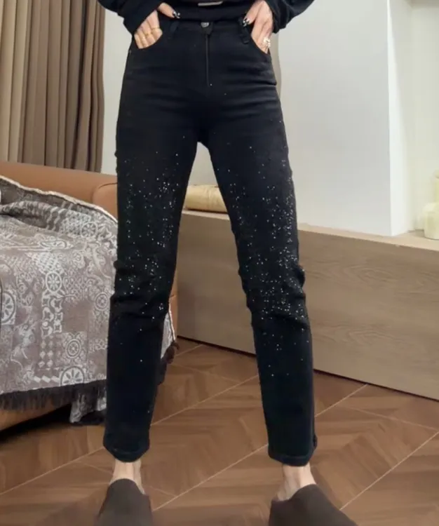 museguhui/木色古汇226688#烫钻加绒直筒百搭气质时尚显瘦牛仔裤