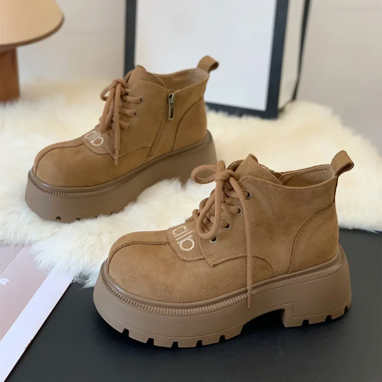 法式厚底增高前系带侧拉链复古绒面拼接马丁靴2025秋冬超火工装靴