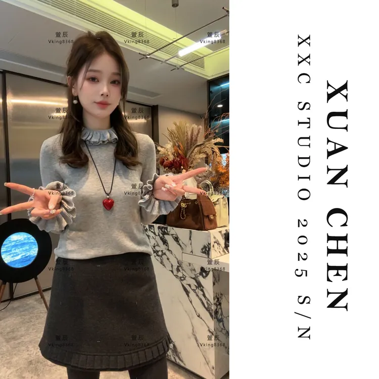 【小甜圈】时尚洋气针织打底衫女秋冬设计感花边套头毛衣#9360