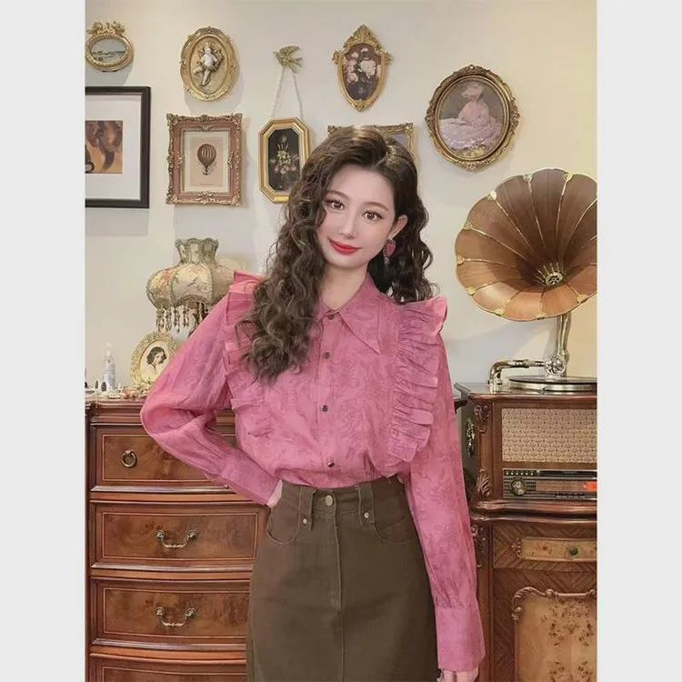 2024秋季薄款Polo领洋气衬衫长袖时尚减龄气质荷叶边设计小众衬衣