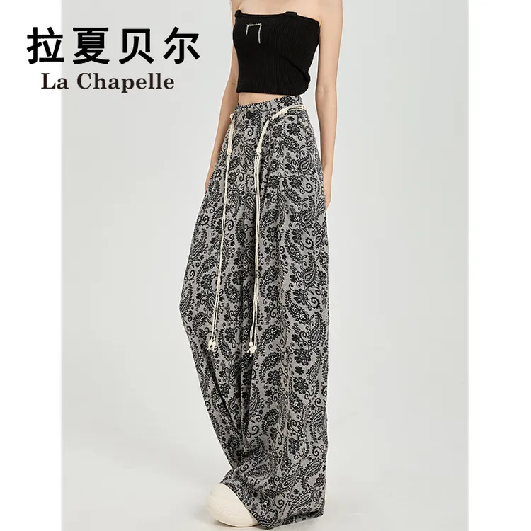 拉夏贝尔美式潮流印花阔腿裤女小众高腰宽松设计感洋气休闲直筒裤