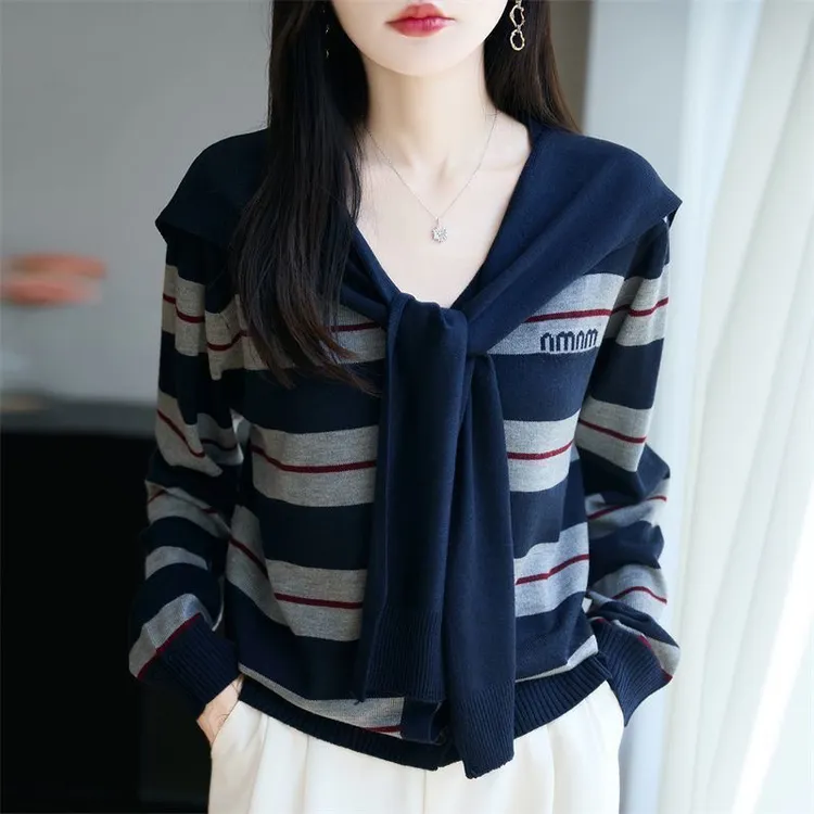 【80-200斤】条纹假两件披肩外套上衣女秋冬大码洋气别致针织打底衫