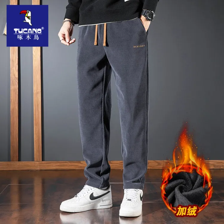 啄木鸟2025秋冬季新款直筒欧棉绒男裤加绒加厚休闲百搭九分裤长裤