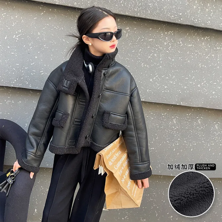 女童2025秋冬季加厚皮毛一体羊羔绒毛毛外套复古立领短款机车服