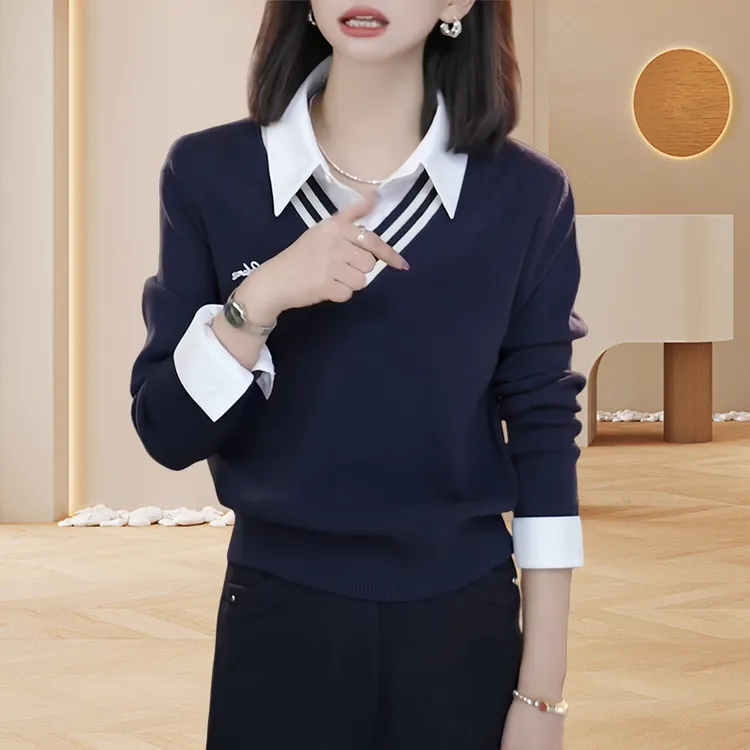 假两件衬衫拼接字母刺绣长袖毛衣女2025秋季新款时尚洋气百搭女装