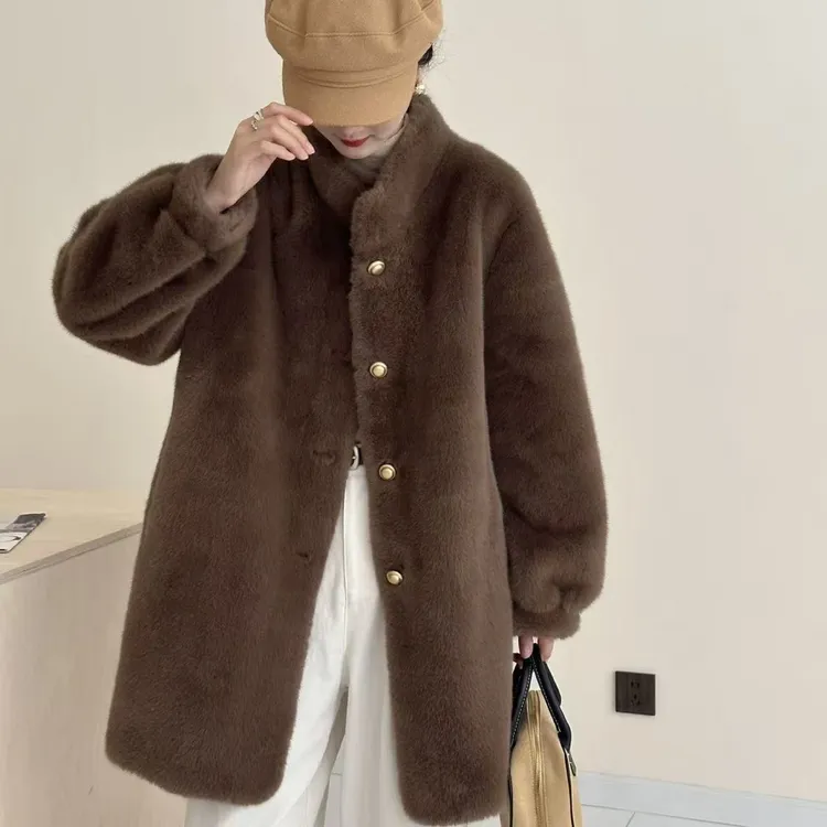 奥珍粉丝专属A2025韩版秋冬加厚中长款立领水貂绒皮毛一体环保皮草外套女大衣