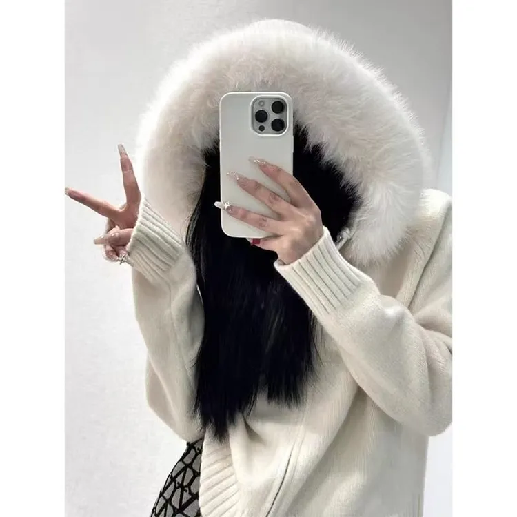 美拉德毛领连帽毛衣外套女2025秋冬新款时尚洋气显瘦针织开衫上衣