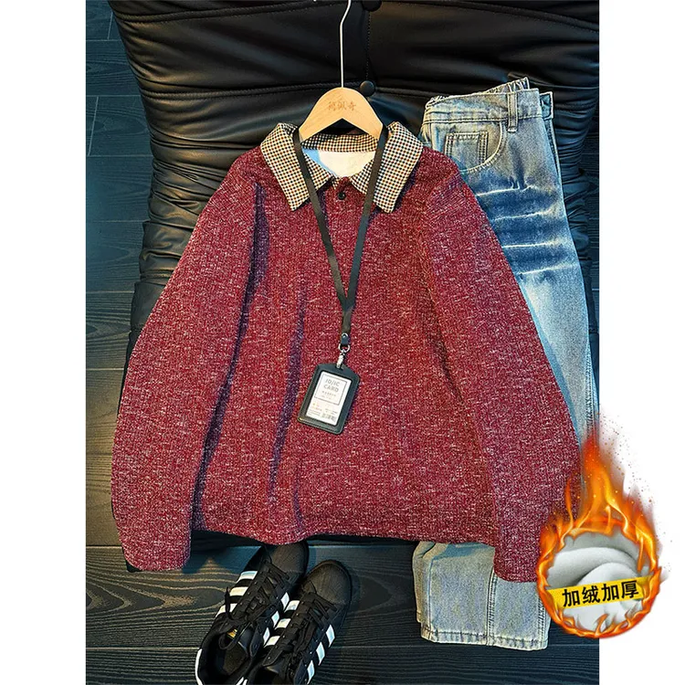 美式复古枣红色加绒Polo领卫衣男款秋冬季加厚打底衫翻领针织上衣