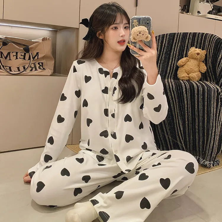 新款带胸垫双面德绒睡衣女春秋季长袖开衫甜美爱心秋冬家居服套装