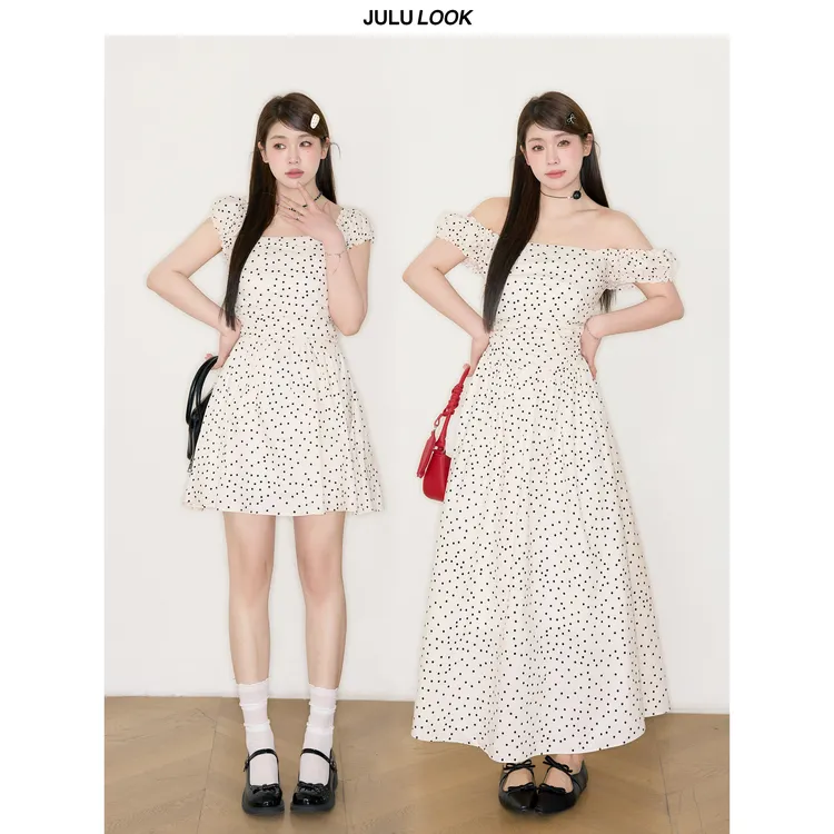 巨鹿工作室”雾白格调“微胖mm法式收腰小飞袖方领波点大码连衣裙