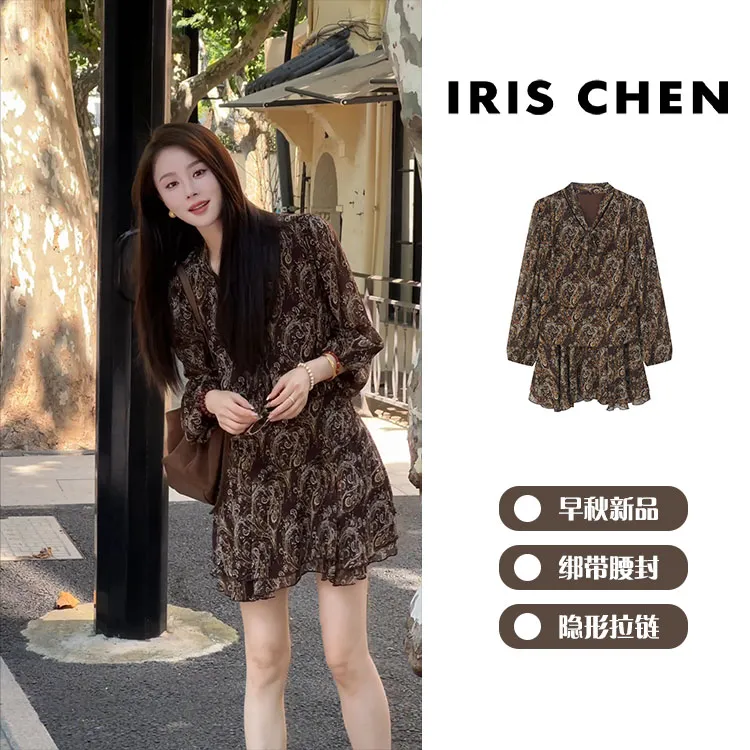 IRIS CHEN 腰果裙 2025秋季“复古印花”绑带领显瘦连衣裙25LYQ745