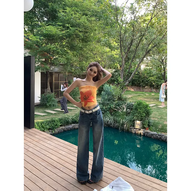 IFMR不贴腿微喇裤女夏季新款小众复古宽松显瘦水洗牛仔长裤98017