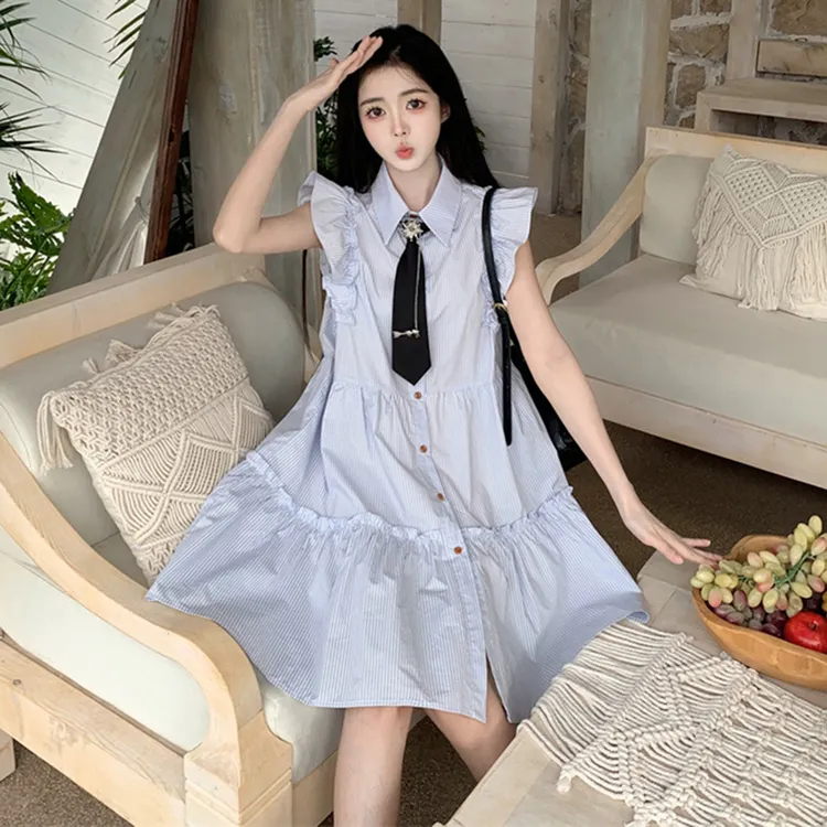 法式连衣裙少女夏装2025新款初中高中学生甜美小飞袖气质中长裙子