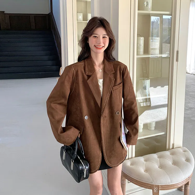 美拉德咖色正肩麂皮绒西装外套女春秋宽松休闲高级感超好看小西服