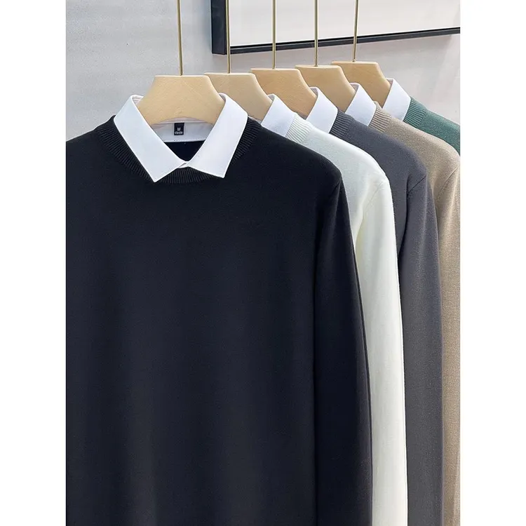 彪博假两件毛衣男衬衣领内搭秋冬轻商务韩版打底衫针织衫长袖上衣